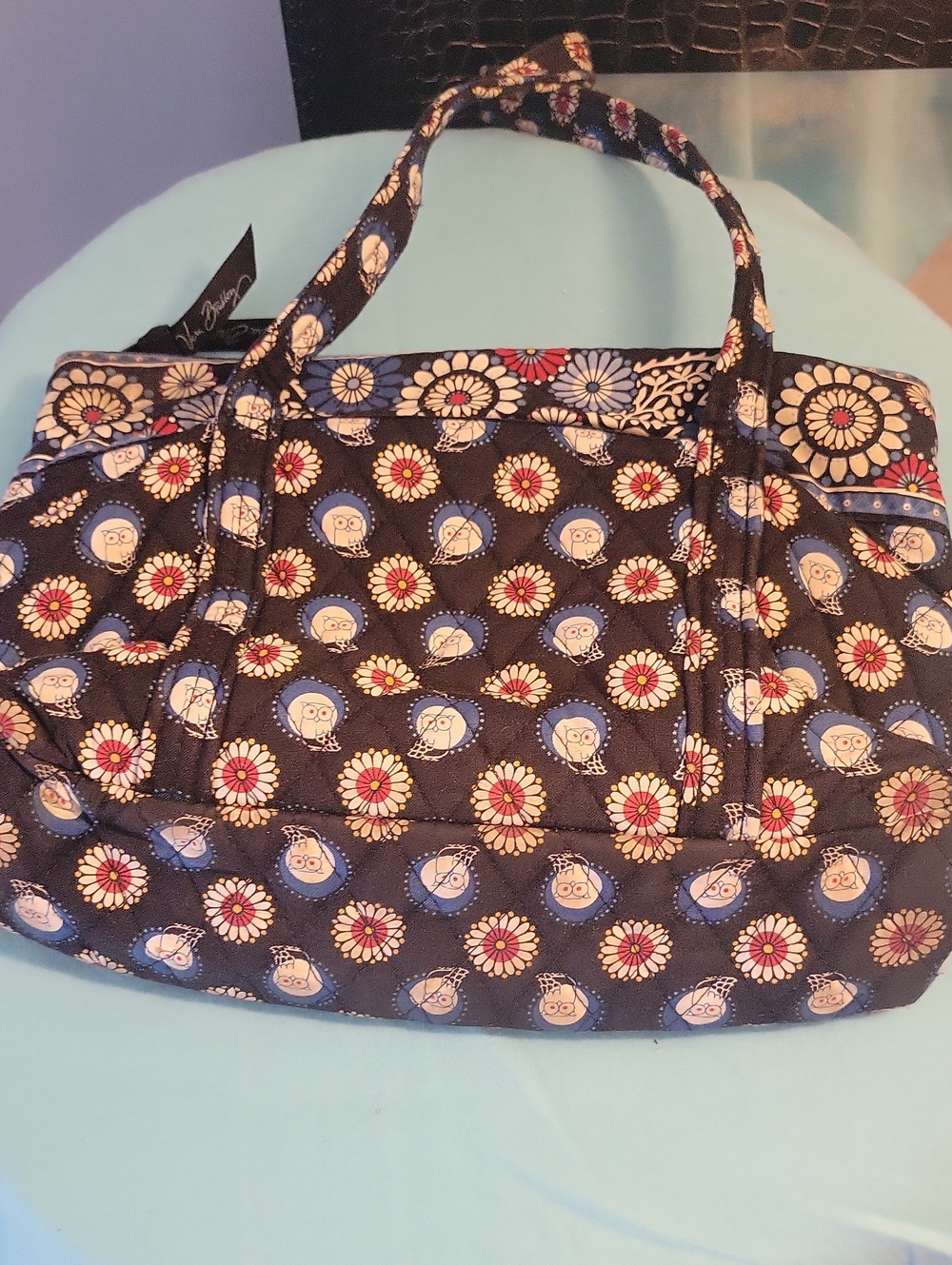 Vera Bradley Navy Floral & Owl Quilted Shoulder Bag with Red and Cream Accents